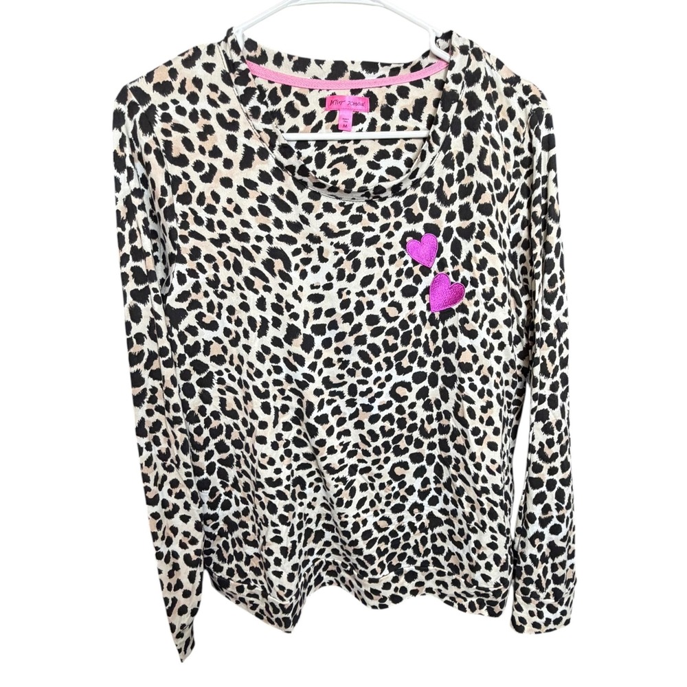 Betsey Johnson Leopard Print Heart Patch Long Sleeve Top Medium Pink Animal
